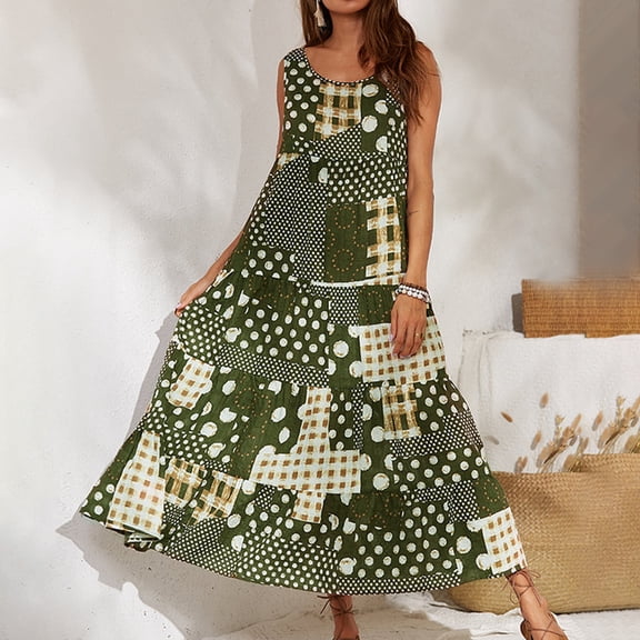 Nuoqisi Women's Plus Size Sleeveless Print Dress - Comfortable Relaxed Design for Warm Weather Wear and Everyday Style