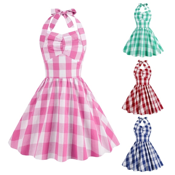Trendfront Girls Gingham Plaid Dress Mini Sleeveless Halter Toddler Smocked Bodice Retro Rockabilly Party Outfits