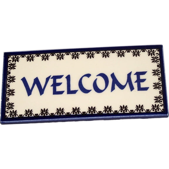 Holy Land Market Welcome Painted Tile from Jerusalem - 6x3 Inches - Asfour Outlet Trademark