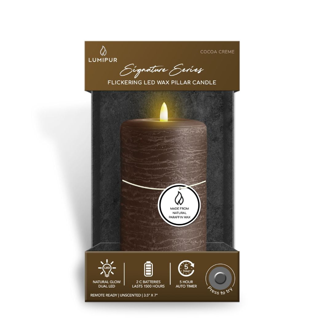 LumiPur Natural Glow Candles, Battery Operated Flameless LED Pillar Candle, Cocoa Brown, 3.5" x 7"
