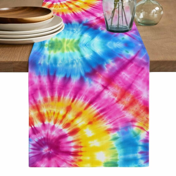 Colorful Boho Table Runner, Pink Yellow Blue Green Tie Dye Abstract Art Washable Cotton Linen Table Runners 48 Inches Long, Dresser Scarf Runner for Nightstand/Coffee/End Tables 13''x48''