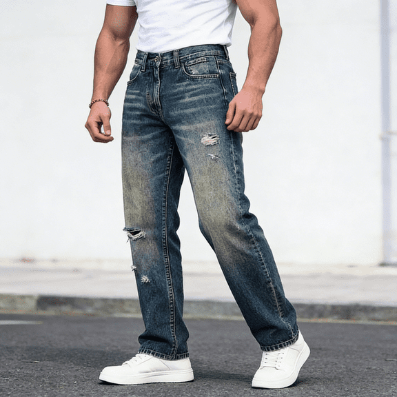 Men's 100% Cotton Non-Stretch Jeans, Straight Fit Ripped Denim Pants with Retro Fade for Rugged Casual Style, Durable and Breathable