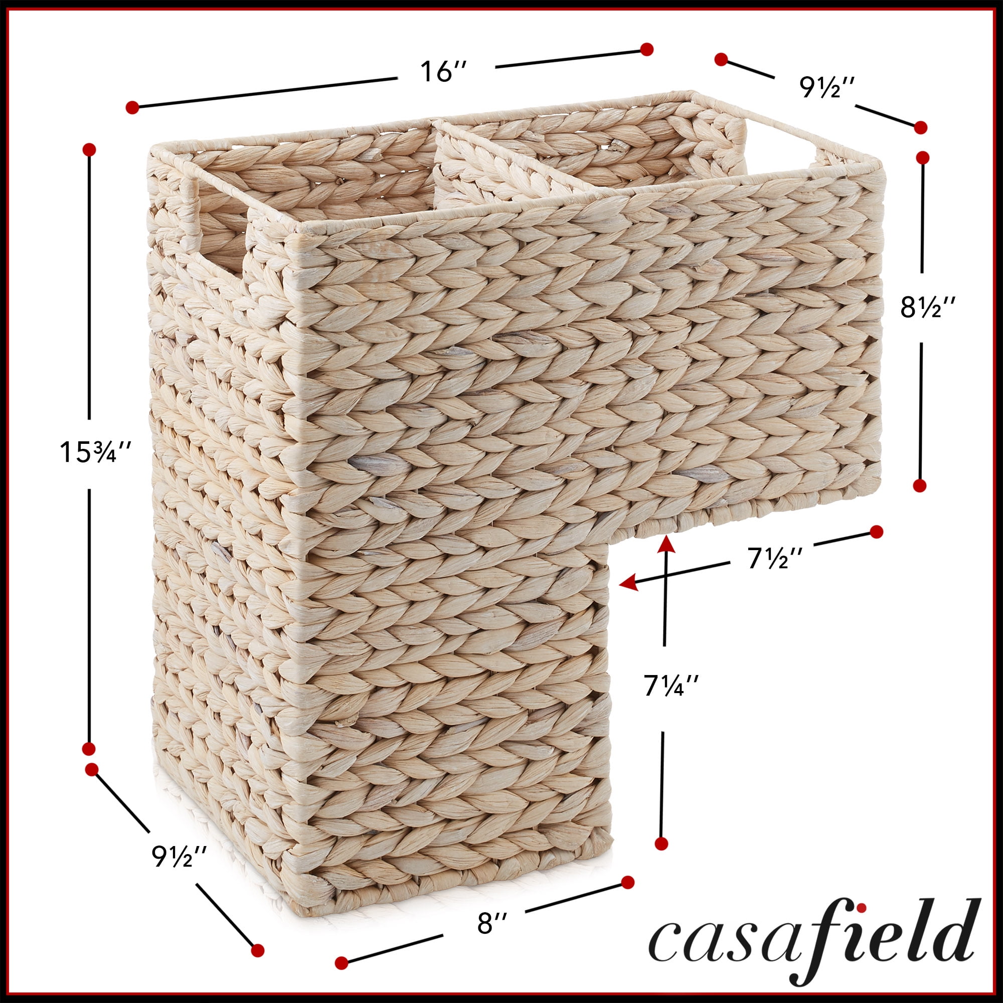 Casafield Stair Basket with Handles, Whitewash White - Woven Water Hyacinth Staircase Step Organizer Bin
