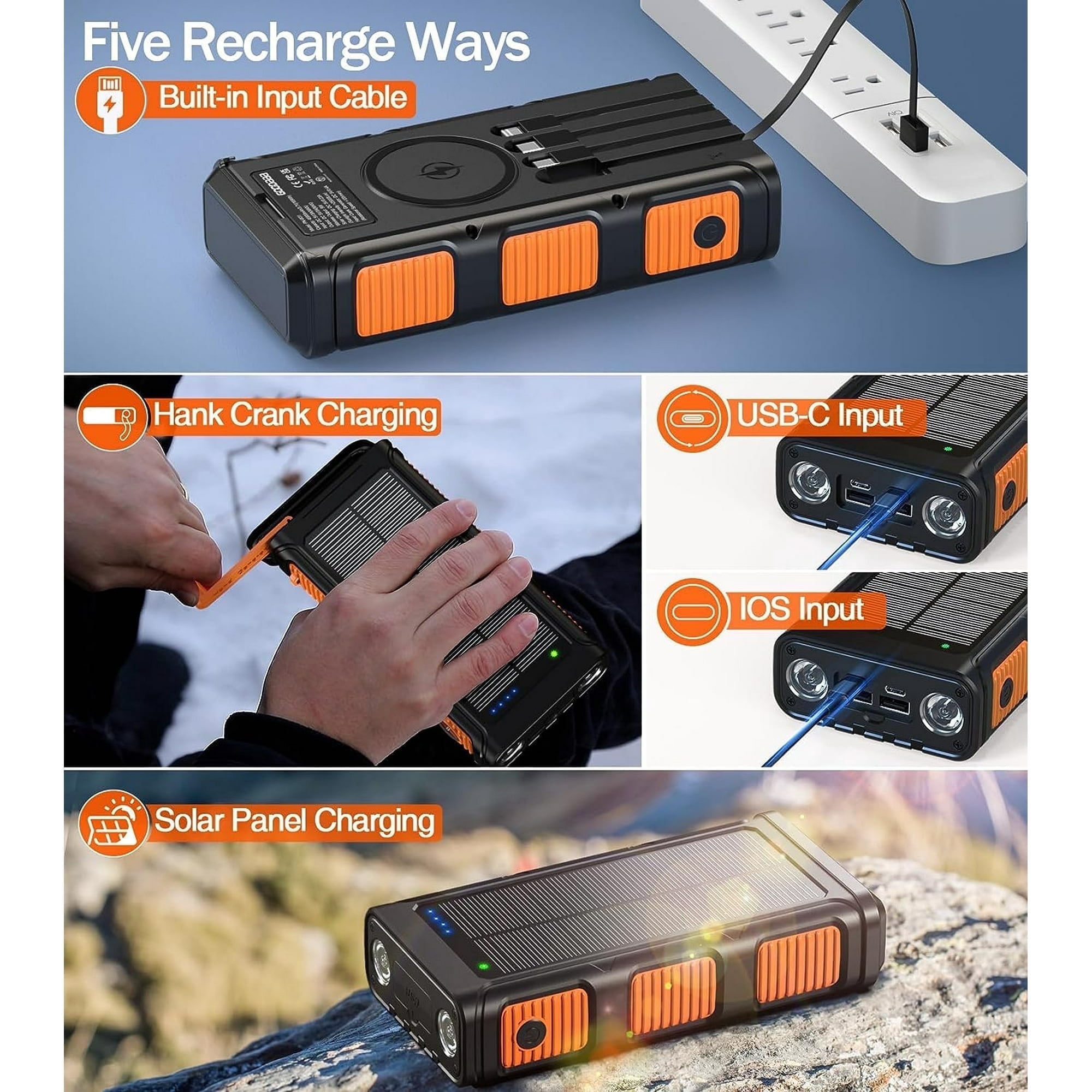 45800mAh Solar Power Bank 15W with Hand Crank & Cables & Wireless Charger, Solar Charger Compatible for iPhone & Android Phone