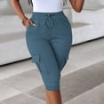 thumbnail image 2 of Omexry Maternity Shorts Denim Plus Size Women's Casual Cargo Capris Elastic High Waisted Drawstring Knee Length Pants with Flap Pockets for Summer Daily Wear Navy L, 2 of 8