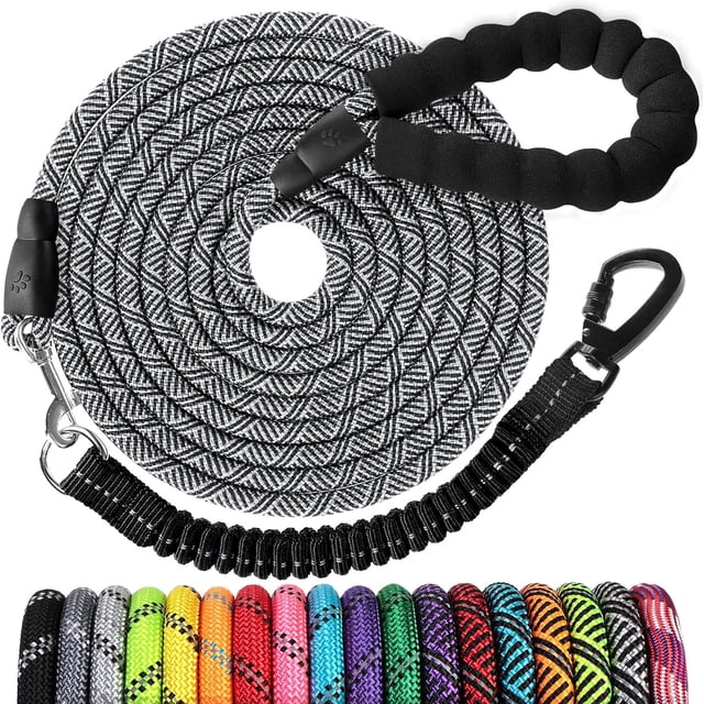 Long Dog Leash 10 FT: Heavy Duty Rope Leashes for Dogs Training with Swivel Lockable Hook Reflective Threads Bungee and Padded Handle - Dog Lead for Large Small Medium Dogs Outside Walking Hiking Grey