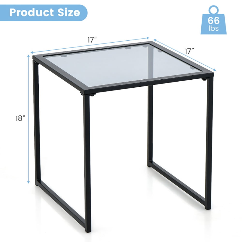 Finihen Side Table, Glass Side Table, Tempered Glass Side Table with Metal Frame, for Indoor and Outdoor, Black