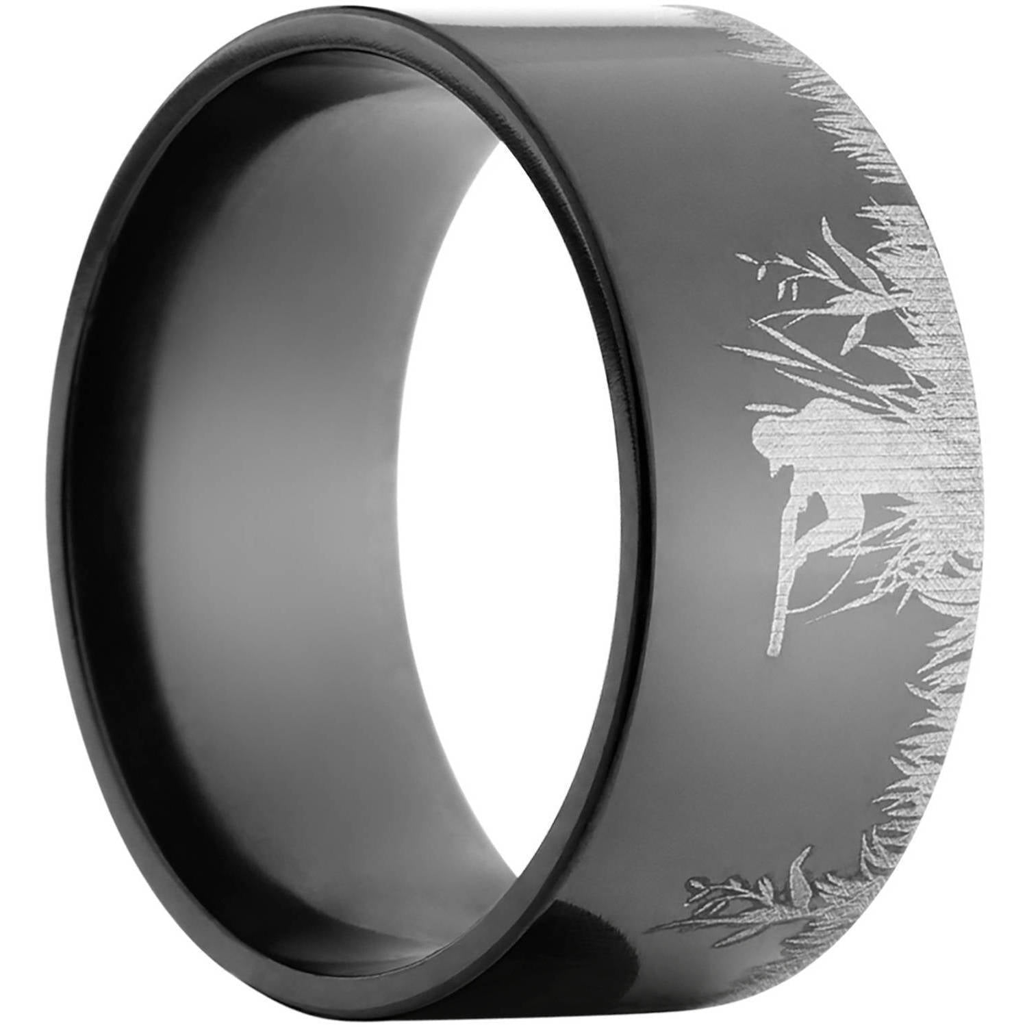 10mm Flat Black Zirconium Ring with a Duck Hunter Picture Lasered Around the Ring