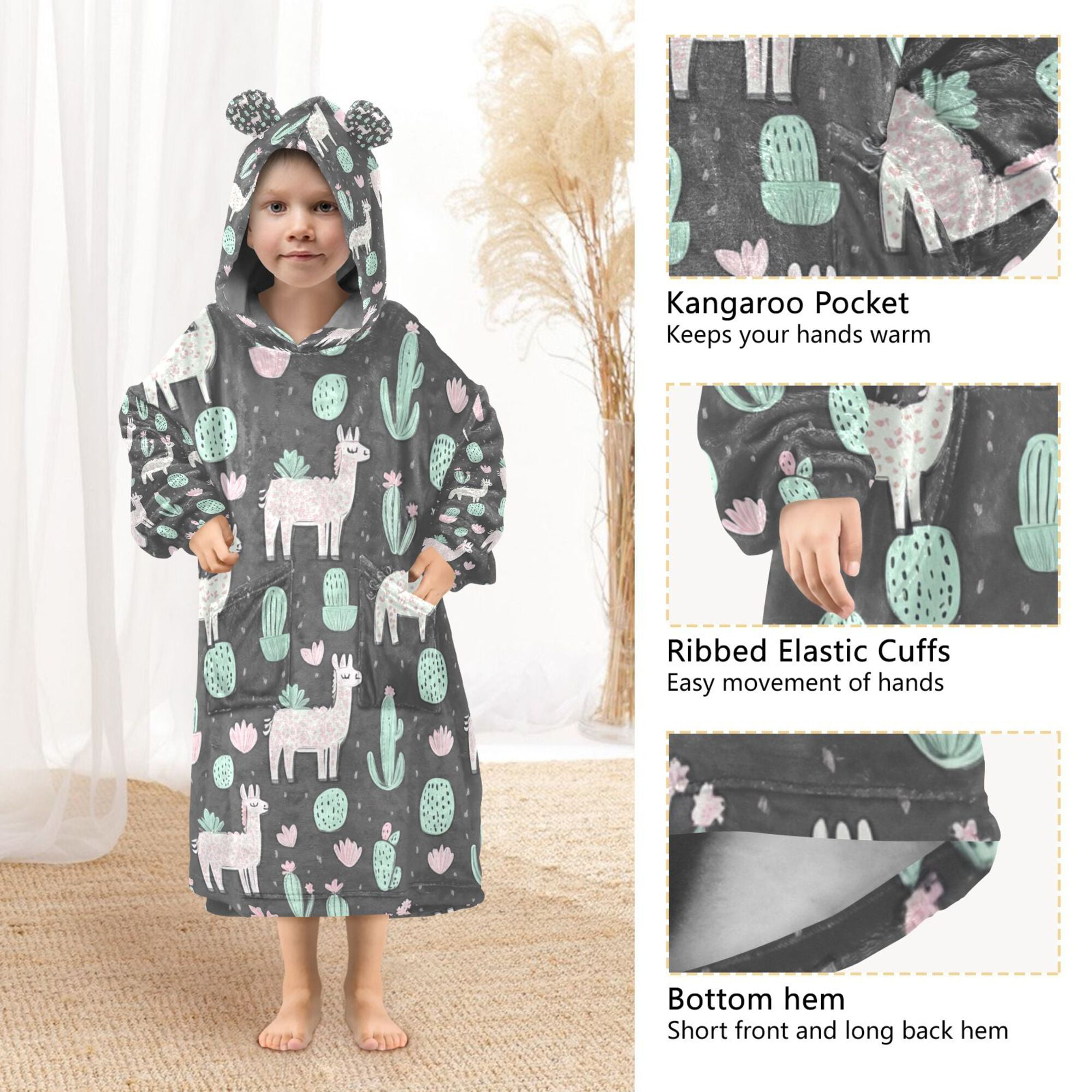 FORMRS Wearable Blanket Hoodie with Sleeves for Kids Cozy Flannel Sweatshirt, Cute Llamas Pattern