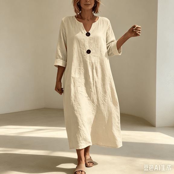 QUNYINEY Cotton Linen Womens Dresses Midi 3/4 Sleeve Casual A Line Dress Button V Neck Solid Loose Fit Vacation Dresses S-2XL