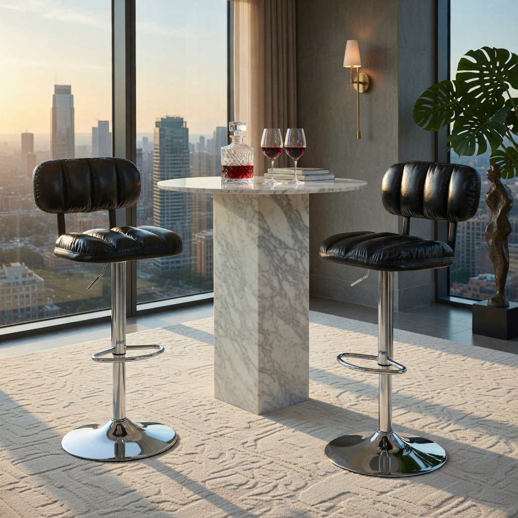 Hommoo 2-Pack Adjustable Bar Stools PU Leather with Chrome Base & Footrest, Height-Adjustable Modern Kitchen Island Stools for Home Bar, Game Room & Office Break Area, Black