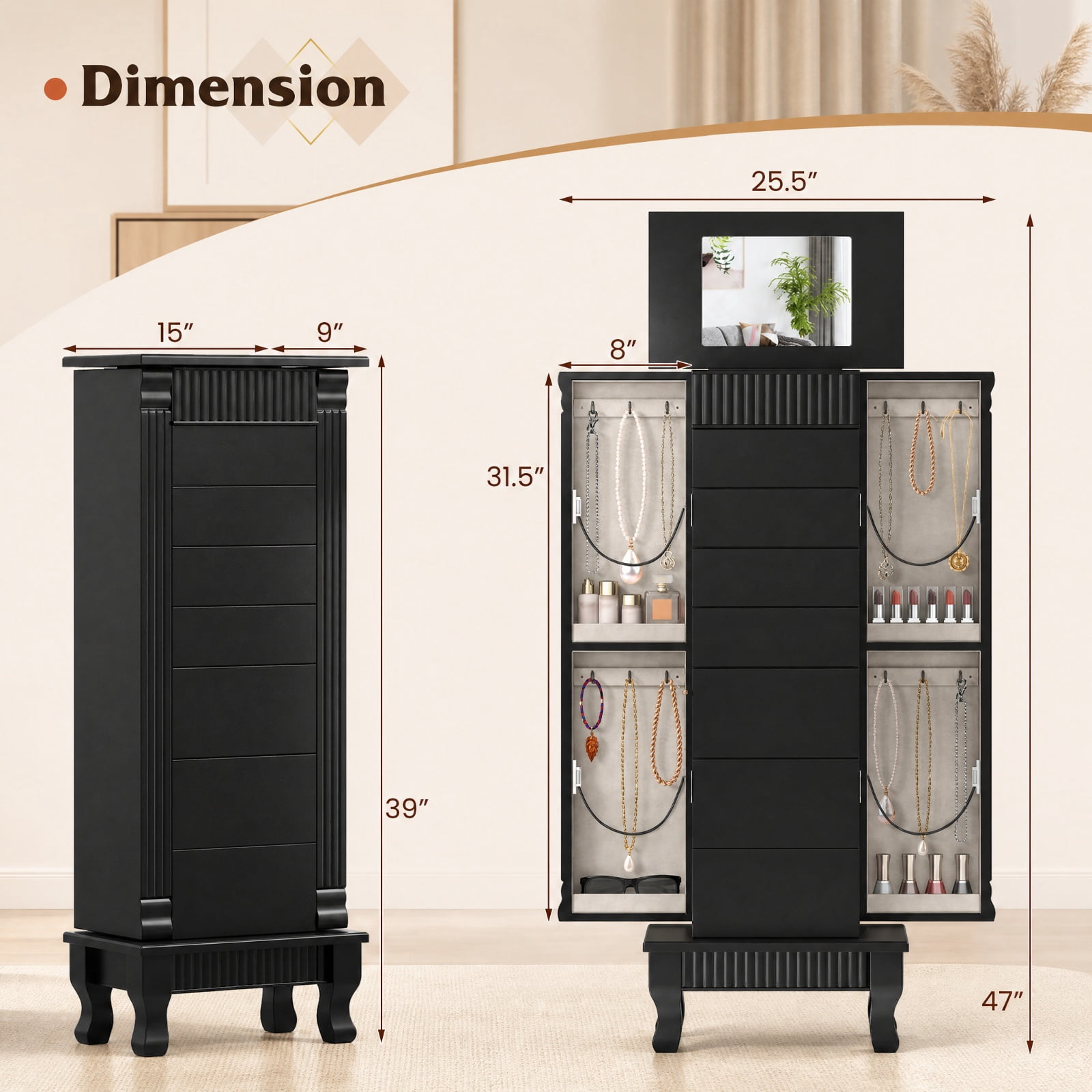 Furnibear Wooden Jewelry Armoire Cabinet Storage Chest with Drawers and Swing Doors for Bedroom Dressing Room Jewelry Necklace Rings Storage, Black