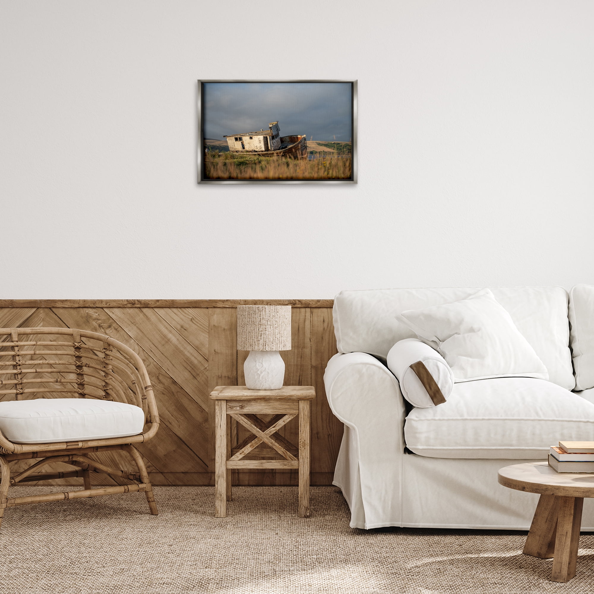 Stupell Industries Old Shipwreck on Beach Landscape & Nature Photography Gray Floater Framed Canvas Art Print Wall Art, 25 x 17