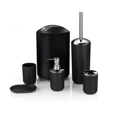 Bathroom Accessories Set 6Pcs Luxury Gift Trash Can, Lotion Dispenser, Toothbrush Holder, Toliet Brush with Holder, Cup, Soap Dish for Home Hotel Bathroom Black