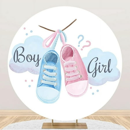 Image of 6x6ft Gender Reveal Round Backdrop Stand Cover for Photography Boy or Girl Blue Pink Shoes Circle Backdrop