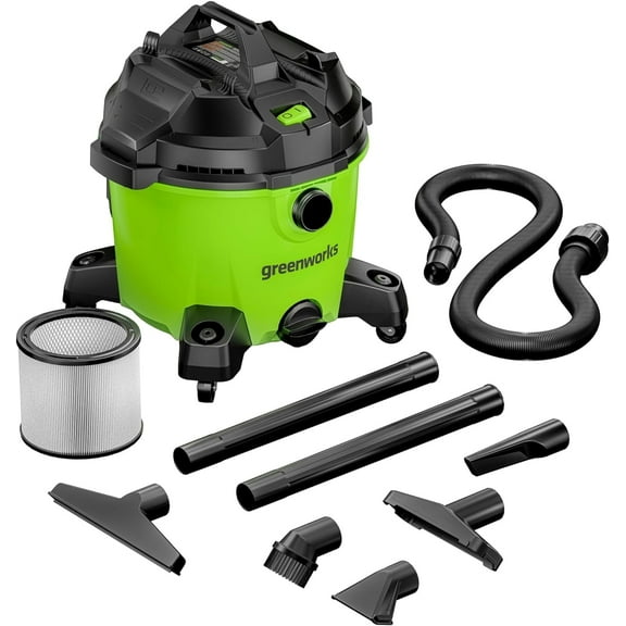 Greenworks 9 Gallon AC Wet/Dry Vacuum, Workshops Wheeled Cleaner with Washable HEPA Filter and Multiple Accessories for Hard Floor & Carpet