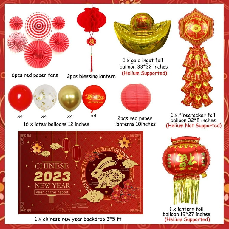 Chinese New Year Decorations 2023 Year of the Rabbit Decorations Balloons  Chinese Red Paper Lanterns Paper Fans Chinese New Year Backdrop for Spring  Festival Party Decorations New Years Eve Decor 