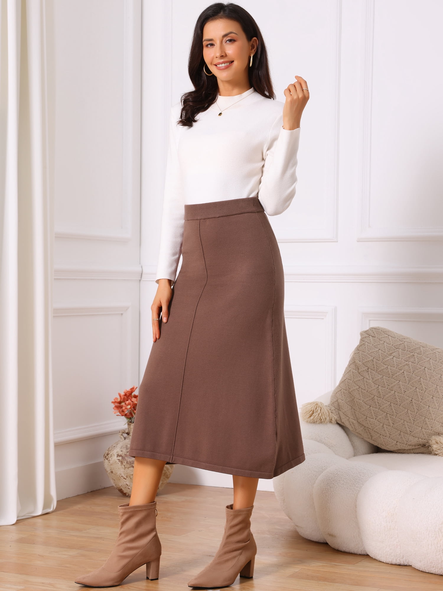 DARING DIVA Women's Sweater A Line Elastic High Waist Stretchy Midi Skirt S Coffee