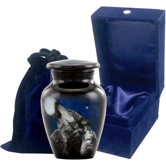 Wolves Black Metal Keepsake Cremation Urn for Ashes – Mini Memorial Funeral Urn, 3 Cu In Capacity, 2.75" H x 1.85" Dia, Handcrafted Aluminum Keepsake Ashes Urn