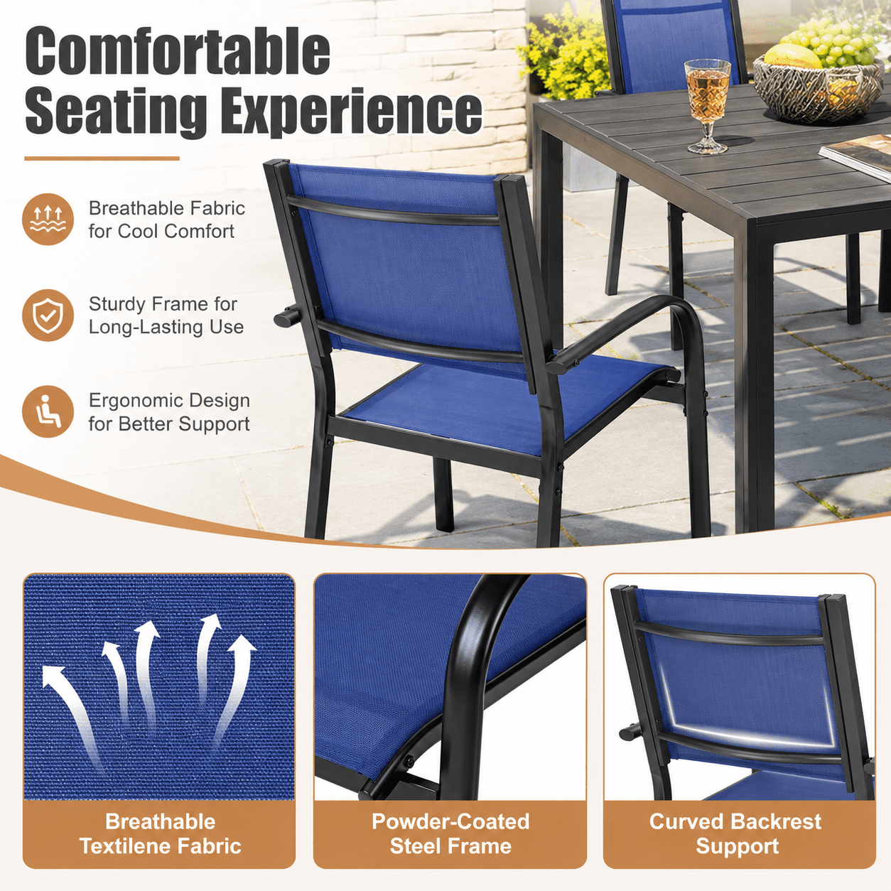 7 Piece Outdoor Dining Set, Patio Dining Table Set for 6 Persons, Garden Patio Textilene Dining Furniture Set with Plastic-Wood Tabletop, Dining Table Chairs Conversation Set for Deck Patio