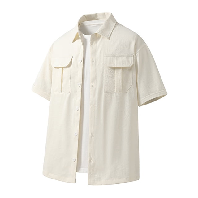 Men's Short Sleeve Shirt, Casual Solid Color Polyester Top, Fold Over Collar Design, Lightweight for Summer and Spring Daily Wear