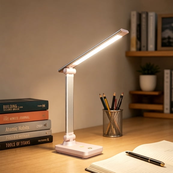 Portable LED Desk Lamp with Built‑In 5000mAh Battery, Touch Control, Dimmable Metal Light for Reading and Study, Pink