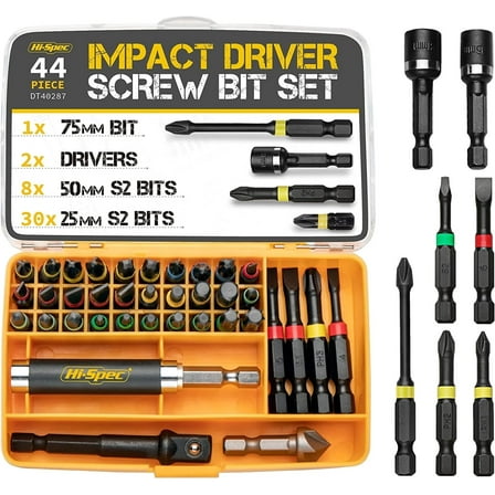 Hi-Spec 44-Piece Durable Metric Impact Drill Bit Set for Metal, Nut Driver & Screw Holder with Case