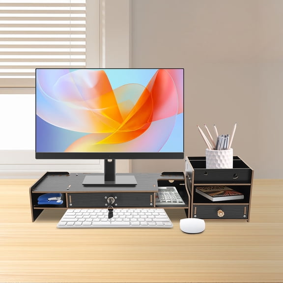 Wooden Computer Monitor Booster Stand with Lockable Drawer&Pen Holders, Black, Desktop Monitor Riser for Office