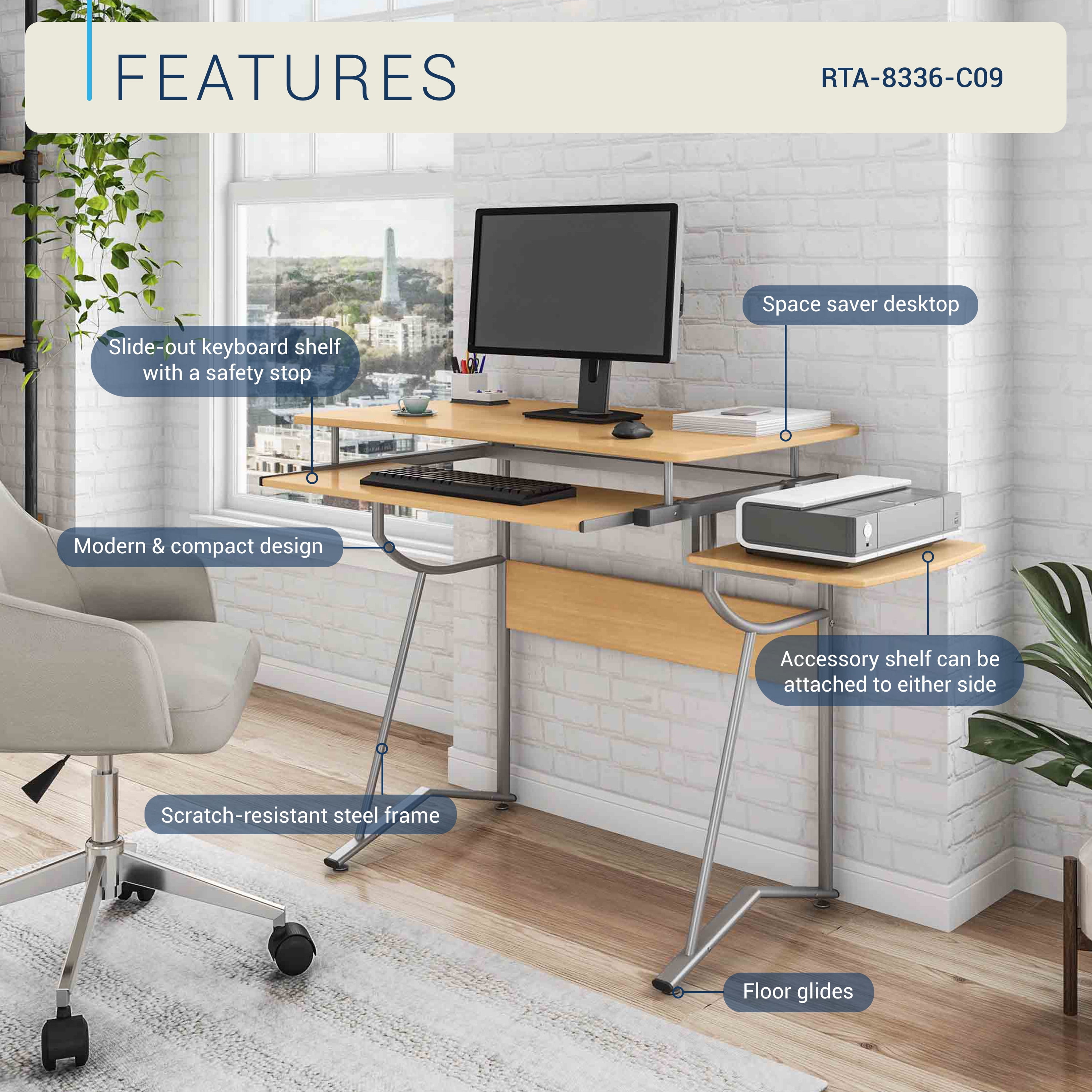 Compact Computer Desk with Side Shelf and Keyboard Panel, Cherry