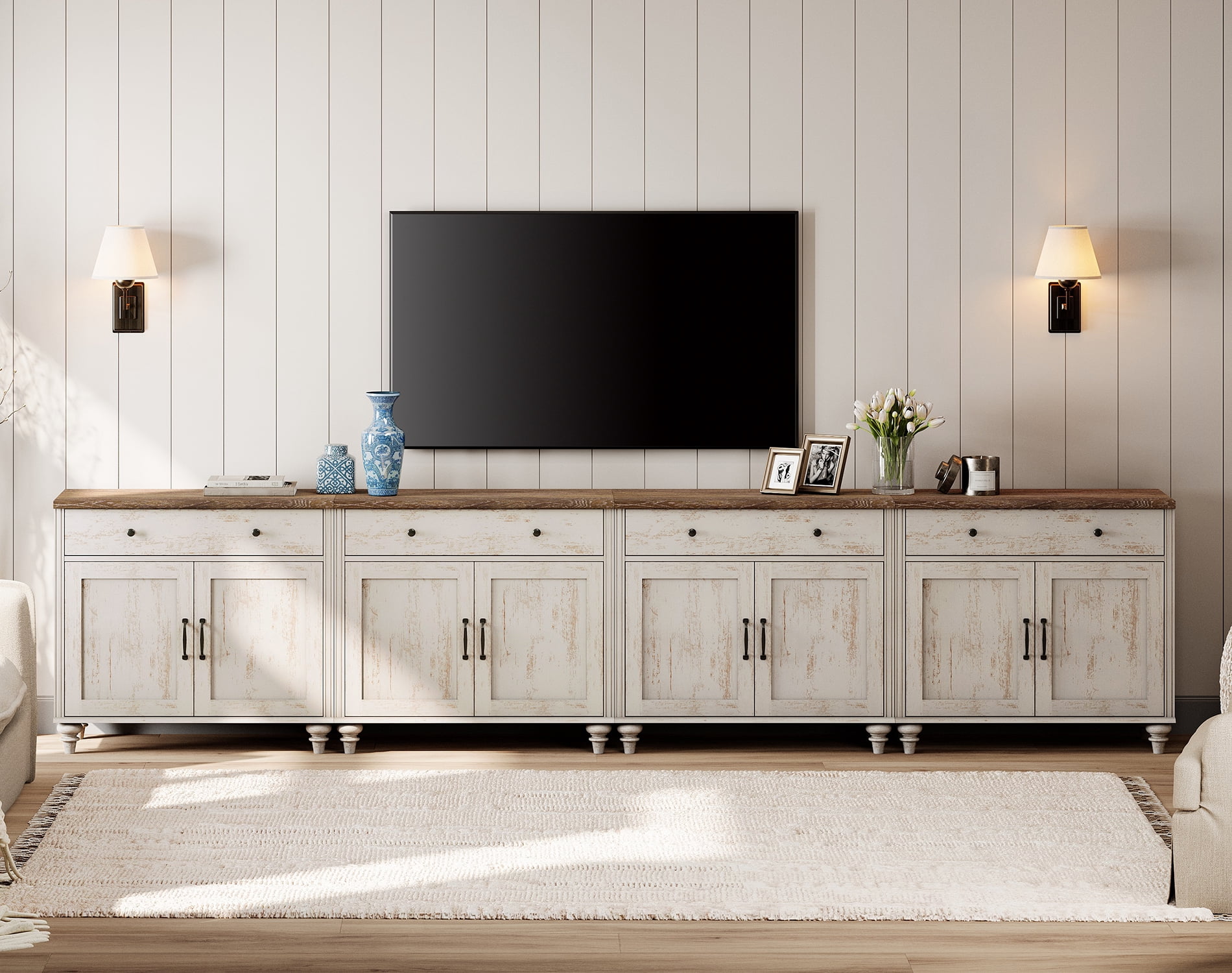 4-in-1 TV Stand, Farmhouse Wood Console Table Storage Cabinet for Living Room, Kitchen Sideboard Buffet Cabinet With Glass Door for Dining Room, Rustic White
