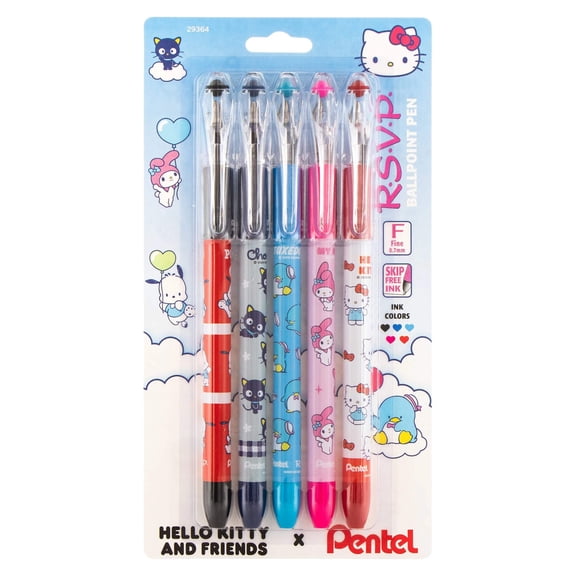 Pentel RSVP Ballpoint Pen, Hello Kitty® and Friends, Limited Edition, Mix 2, 0.7mm Fine Line, Assorted Ink, 5-Pk