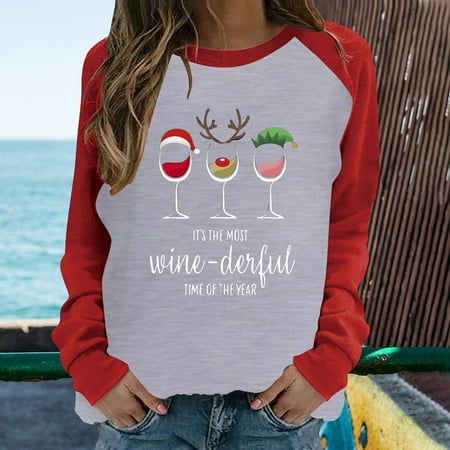 

Wyongtao Cozy Women s Casual Round Neck Raglan Color Matching Christmas Wine Cup Print Long Sleeve T-Shirt Top Long Sleeve Round Neck Top / Shirt