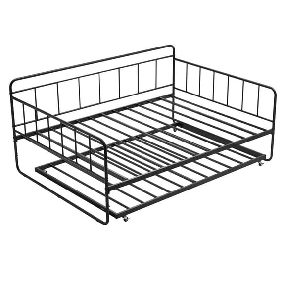 Full Size Daybed Frame with Trundle - Metal Day Bed with Slats - Multifunctional Guest Bed for Small Spaces