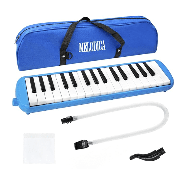 32 - Key Melodica with Tubes & Mouthpiece, Air Piano Keyboard Musical Instrument w/ Carrying Bag, Blue