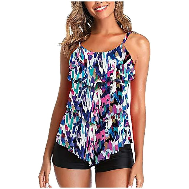 Teen Girls Tankini Swimsuits, Women Two Piece Tankini Set Floral Print Bathing Suits Strappy Ruffles Swimwear