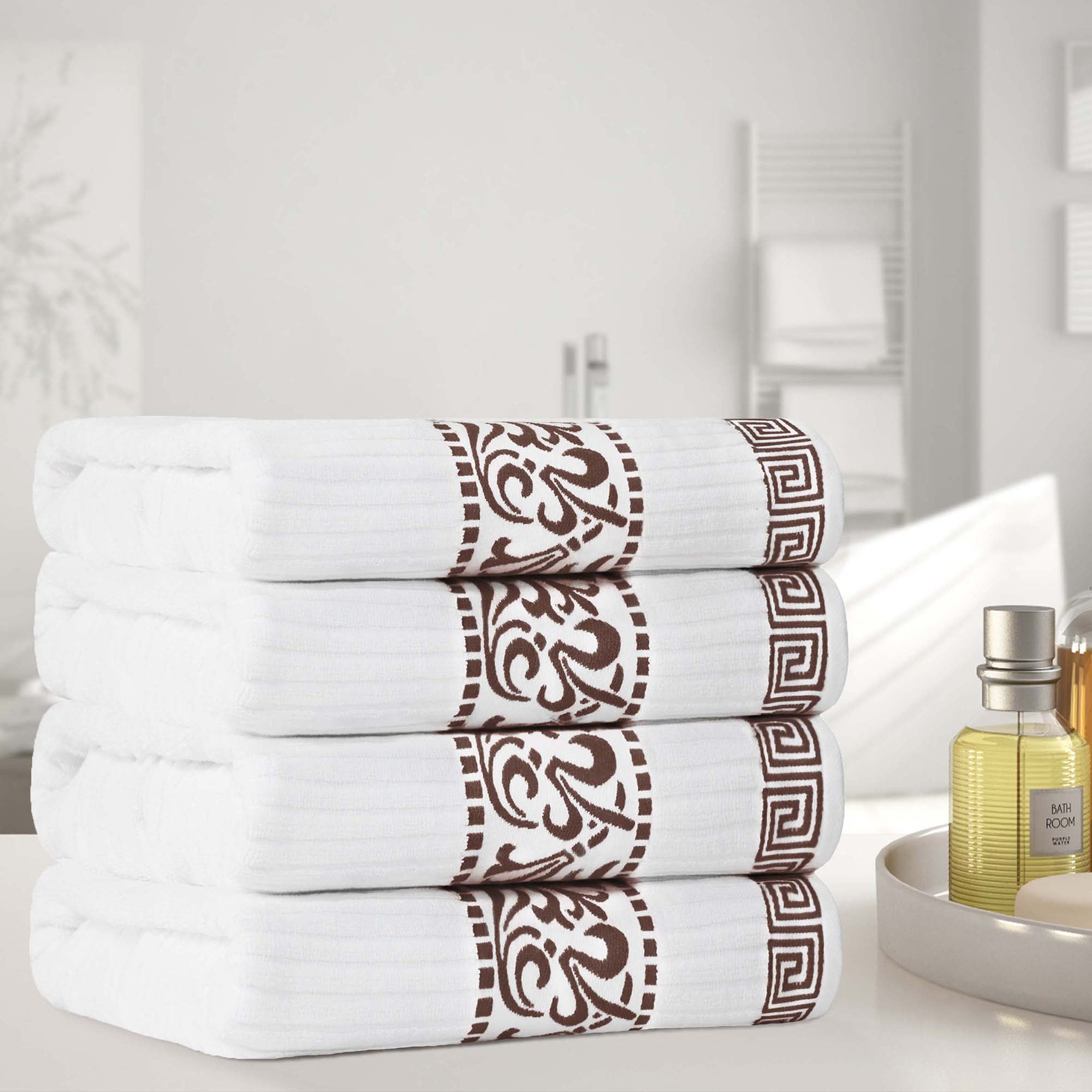 Superior Athens Cotton Greek Scroll Bath Towel Set of 4, Quick Dry Towels, White-Chocolate