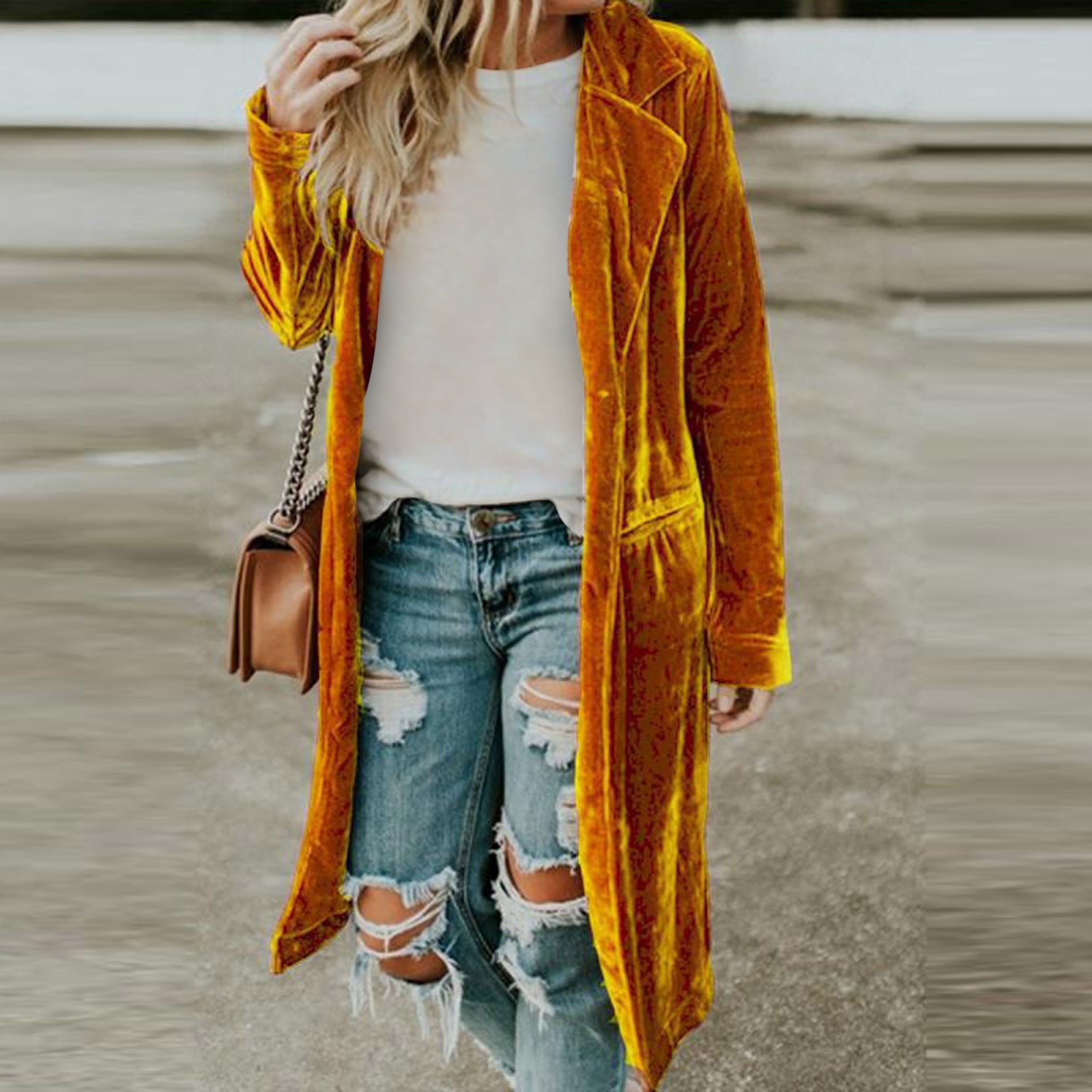 Women's Long Golden Velvet Cardigan 