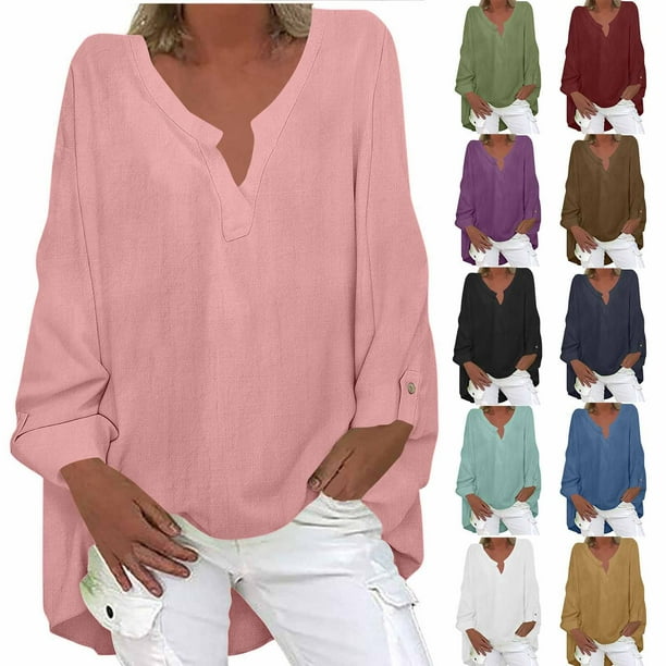 Tops de punto para mujer,Blusa de mujer con cuello en V, camiseta de manga larga, top holgado informal, tejido de imitación de tela, ideal para el hogar y el uso diario, sopatenor