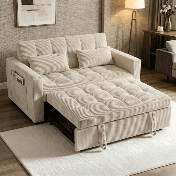 Howcool 54" Sleeper Sofa Bed, 3-in-1 Convertible Pull Out Sofa with Adjustable Backrest & Side Pockets, Corduroy Loveseat Couch for Small Apartments & Living Room, Beige