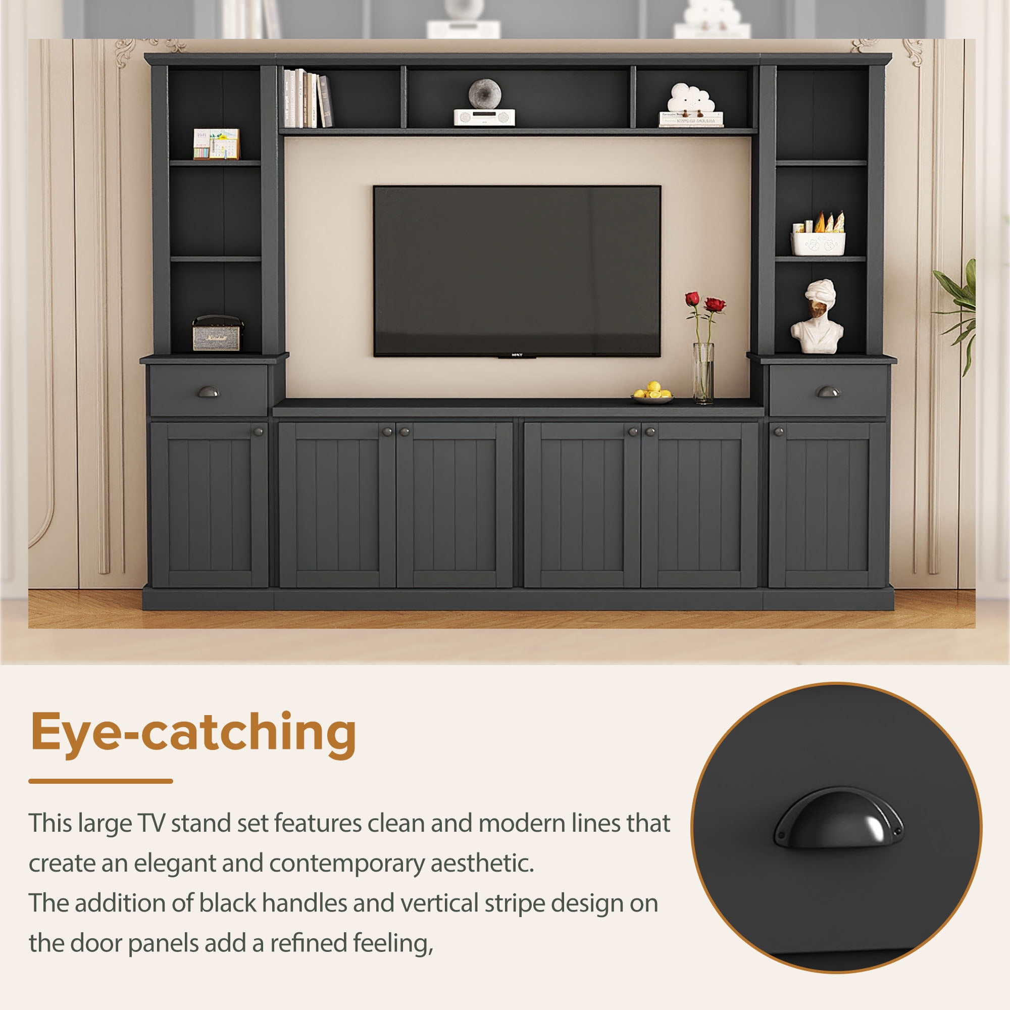 Euroco Minimalist Entertainment Wall Unit Set with Bridge for TVs Up to 75'', Ample Storage Space TV Stand with Adjustable Shelves, Modernist Large Media Console for Living Room