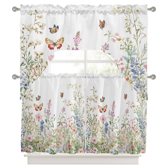 Curtains Swag and Tiers Curtains Set, Spring Floral Valances with Kitchen Tier Curtain 36 Inches Long, Butterfly Summer Flowers Pastoral Watercolor Swag Light Filtering Curtains for Sink/Laundry Room
