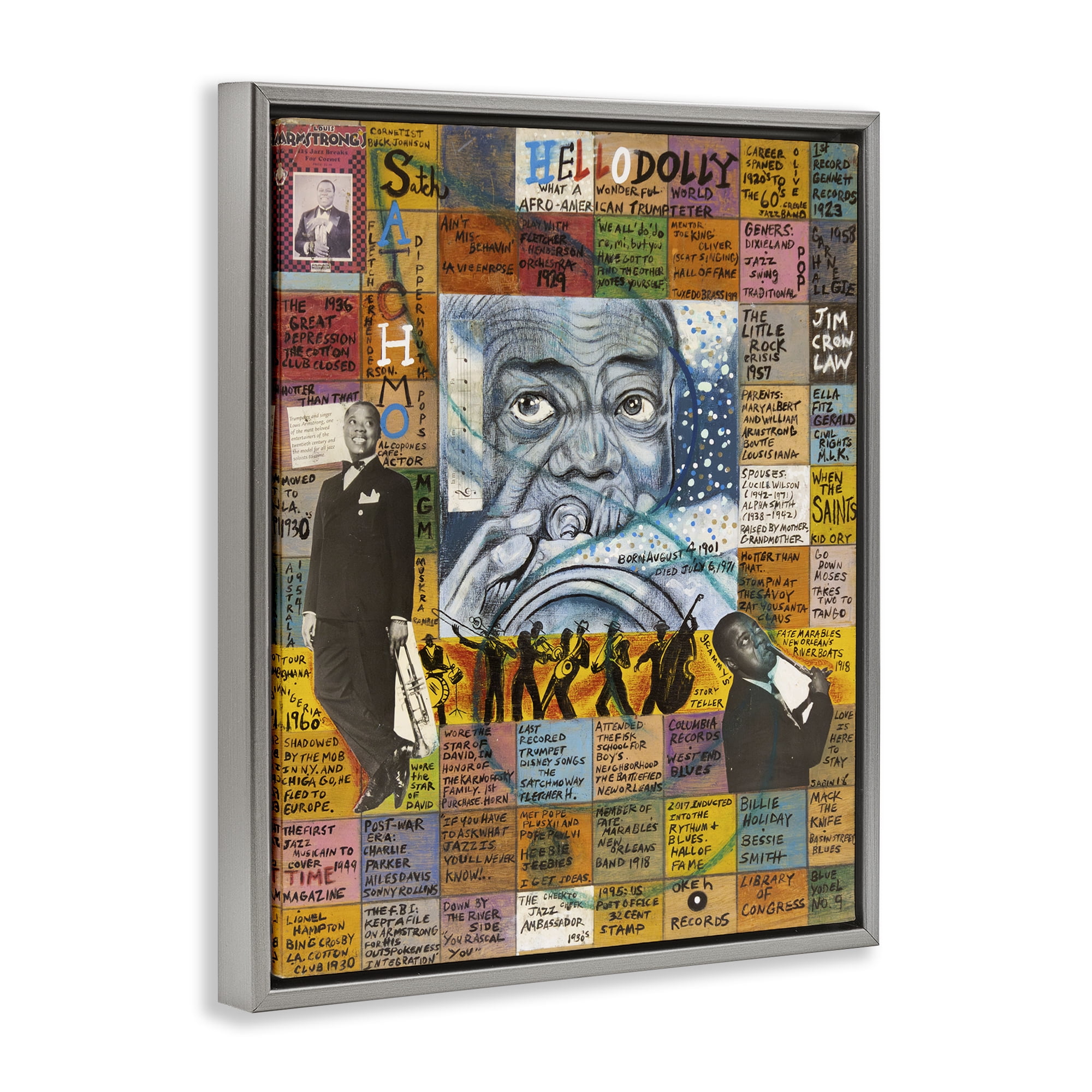Stupell Industries Louis Armstrong Collage People Drawing Gray Floater Framed Canvas Art Print Wall Art, 25 x 31