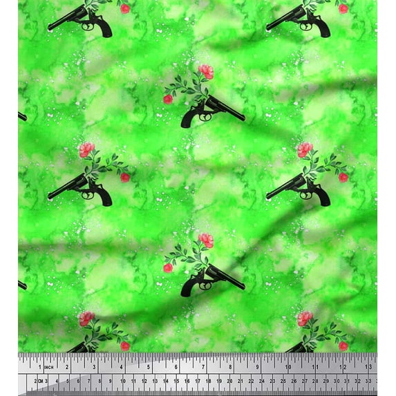 Soimoi Green Rayon Fabric Texture,Floral & Weapon Print Fabric by The Yard 42 Inch Wide