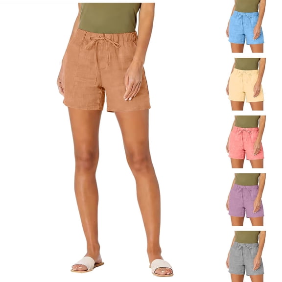 Puntoco Women's Casual Linen Shorts Elastic Waisted Drawstring Summer Shorts with Pockets Yellow XL(XL)
