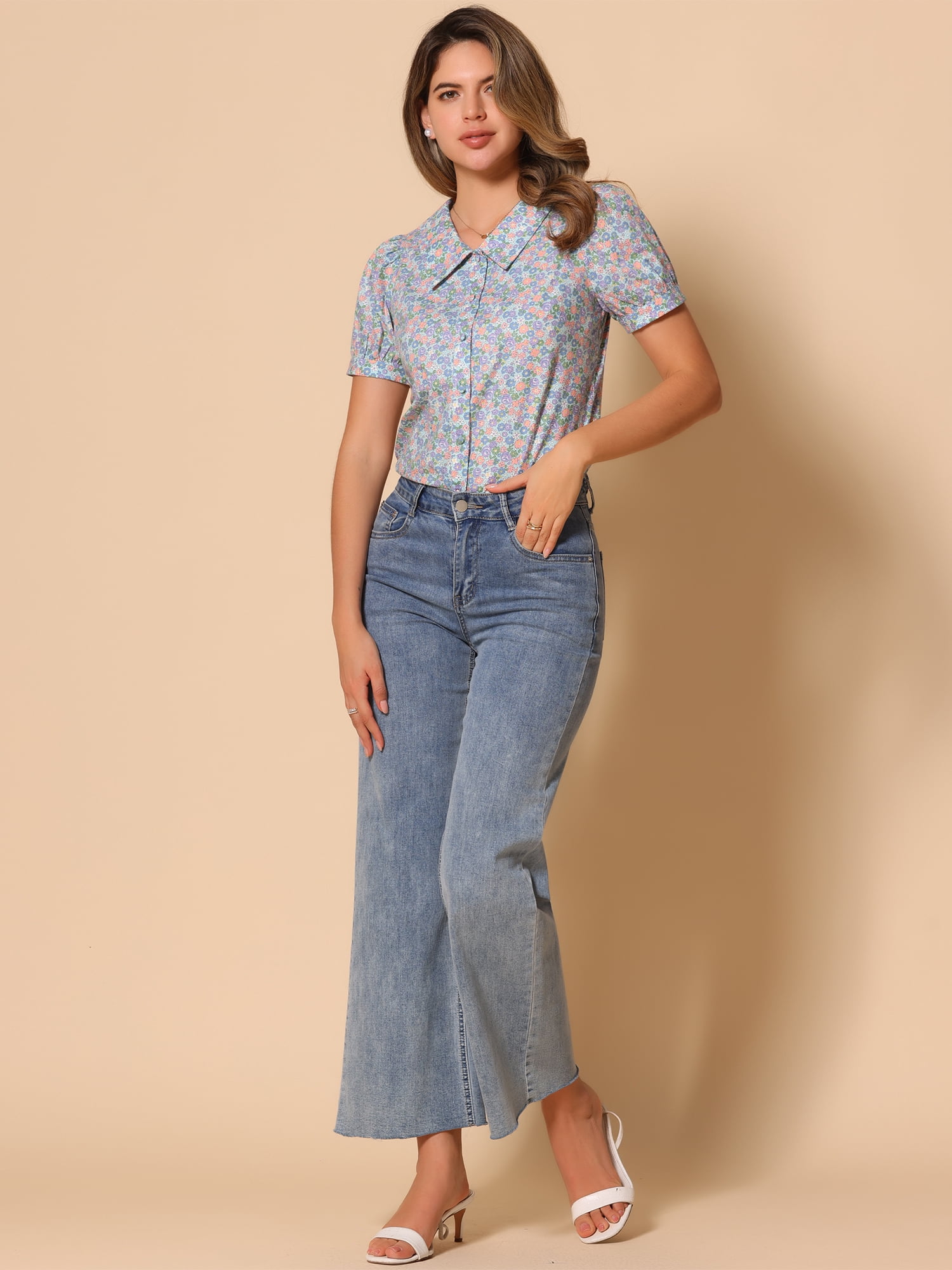 DARING DIVA Women's Turndown Collar Button Down Floral Blouse XS Light Blue