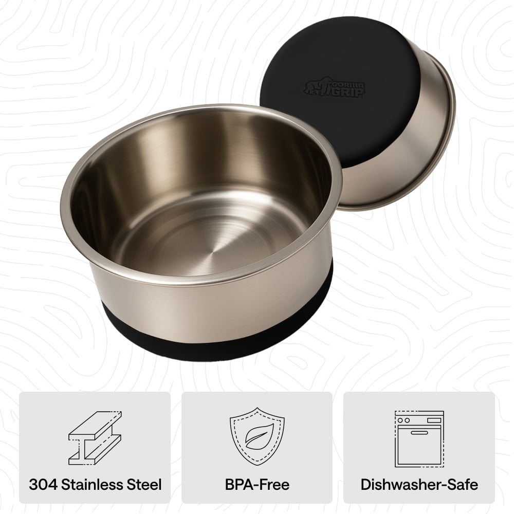 GORILLA GRIP Dog Bowl Set of 2, Food Grade 304 Stainless Steel, Silicone Base, Holds 2 Cups, Black