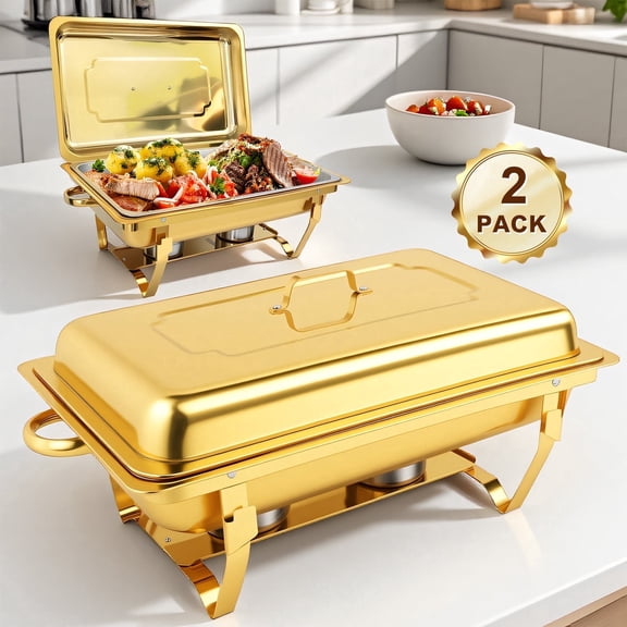 Chafing Dishes for Buffet, 2 Pack 9QT Gold Chafing Dish Buffet Set, High Grade Buffet Servers and Warmers with All-Gold Serving Tongs, Food Warmers for Parties Buffet, Events & Weddings
