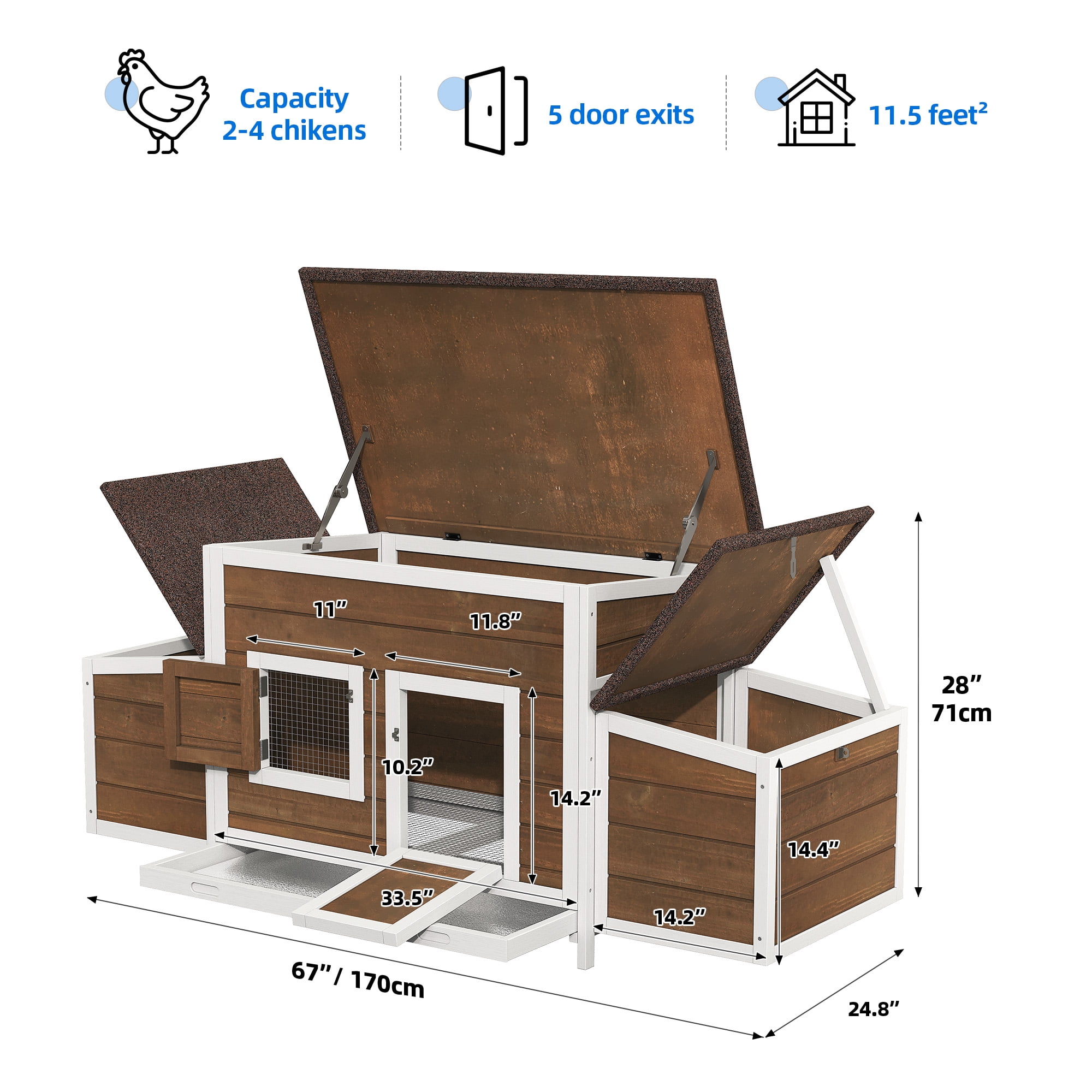 Dextrus Chicken Coop 11.5ft² Large Wooden Chicken Hutch with 2 Nesting Boxes Outdoor Hen House Chicken Cage for Rabbit Hutch Duck Cage - Brown