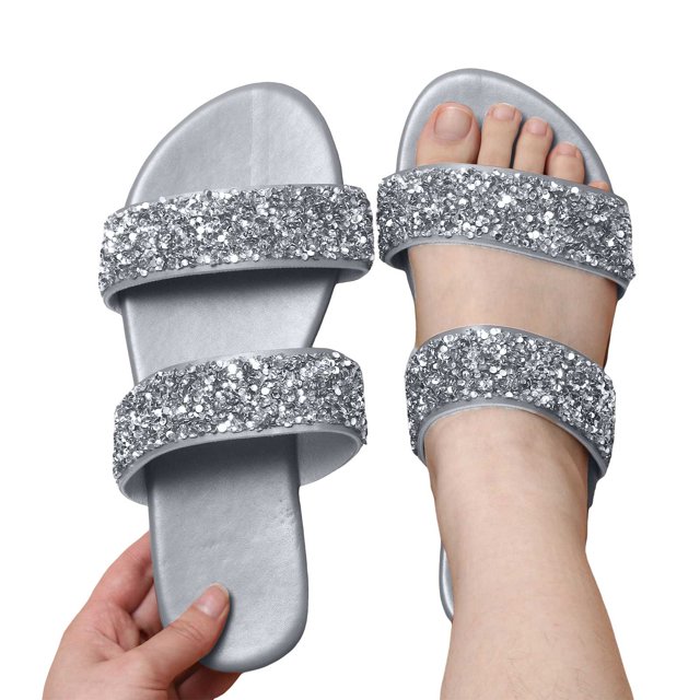Dakaela Women's Rhinestone Flat Sandals Open Toe Slip on Slides Two Strap Summer Slippers Silver 8