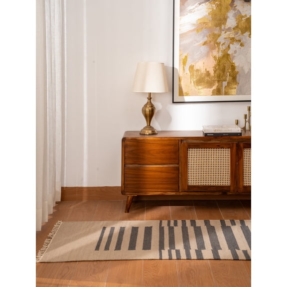 Rugsotic Carpets Hand Woven Flat Weave Kilim Wool Eco-Friendly 2'6''x8' Area Rugs Runner Cream Charcoal Contemporary Modern Design Low Pile Indoor Handmade Rug for Living Room, Bedroom D00125